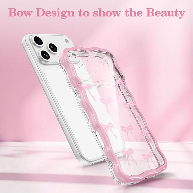 QLTYPRI for iPhone 17 Pro Max Pink Bow Case, Clear Cute Pink Ribbon Bow Phone Case Curly Wavy Aesthetic Phone Cover, Soft Slim Transparent TPU Shockproof Protective Cover for Women Girls - Ribbon Bow - Image 2