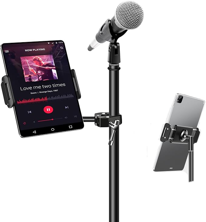 elitehood Aluminum iPad Holder for Mic Stand, Side Mount iPad Music Stand | 360° Swivel Tilt Adjustable Tablet Holder for Microphone Stand, Heavy Duty iPad Clip Attachment for 4-13in Tablets, Black by Builtyourelitelive