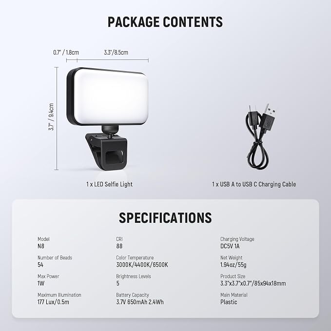 NEEWER Entry Level Version LED Selfie Light, 54 LEDs Plastic Clip on Phone Fill Lighting for iPhone, CRI88 650mAh, Portable for Computer Laptop Webcam Zoom Video Conference Makeup Recording, N8 - Image 8