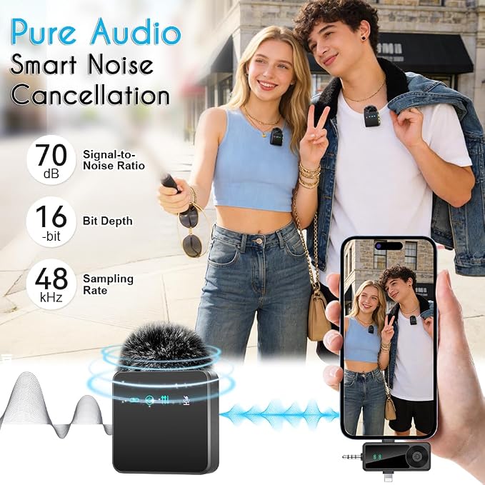 Mini Wireless Microphone for iPhone/Android/Camera, Noise Reduction | 3-in-1 Receiver, 2-Pack 20-Hour Battery Life Mini Lavalier Mics for Podcast, Content Creators, Recording, Vlogging, Streaming - Image 2