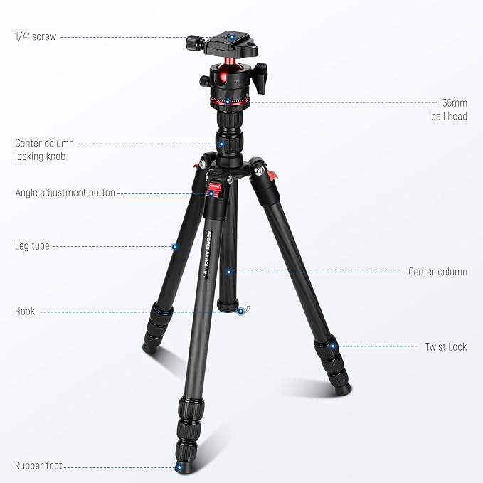 NEEWER Basics Carbon Fiber Travel Tripod, 64" Compact Lightweight Portable Camera Video Stand, Arca Type Ball Head & Cell Phone Holder Compatible with iPhone Video Recording, Max Load 13.2 lbs, TP17 - Image 8