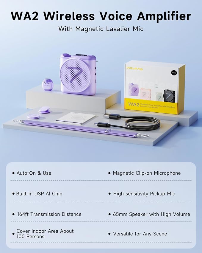 7RYMS WA2 Wireless Voice Amplifier Teacher with Magnetic Lavalier Mic | Noise Cancellation, Magnetic Charging Case, 23H Working, 164ft Range, Mini PA System for Teacher, Teaching, Tour Guide, Yoga - Image 8