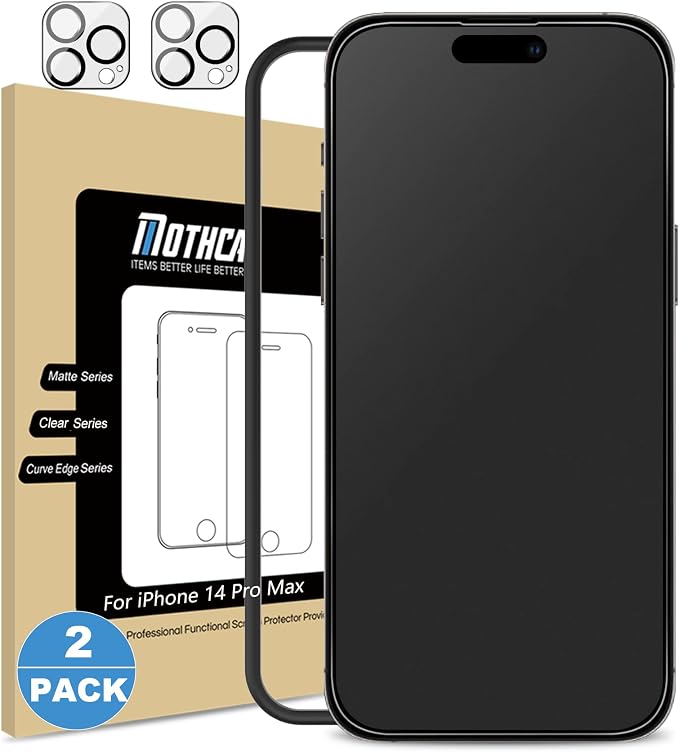 Mothca 2 Pack Matte Glass Screen Protector for iPhone 14 Pro Max [6.7 inch] + 2 Pack Camera Lens Protector, Anti-Glare & Anti-Fingerprint Tempered Glass Film, Bubble Free Case Friendly Smooth as Silk by MothcaDirect