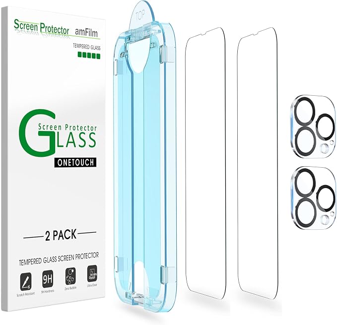 amFilm OneTouch for iPhone 13 Pro Max 6.7'' Screen Protector Tempered Glass | Auto-Alignment 30s Install with Camera Lens Protector, Bubble Free, Scratch & Drop Protection, HD Clear[2+2 Pack] (13PM-6.7') by amFilm