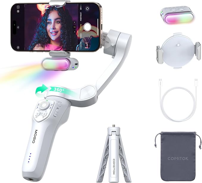 COMITOK Only for iPhone, MOGO [Apple MFi Certified] Gimbal Stabilizer for iPhone with Phone Clip & RGB Light, Support Selecting Tracking Target on Apple Watch & iOS26 Cameras for iPhone 16 15 Pro Max by COMITOK