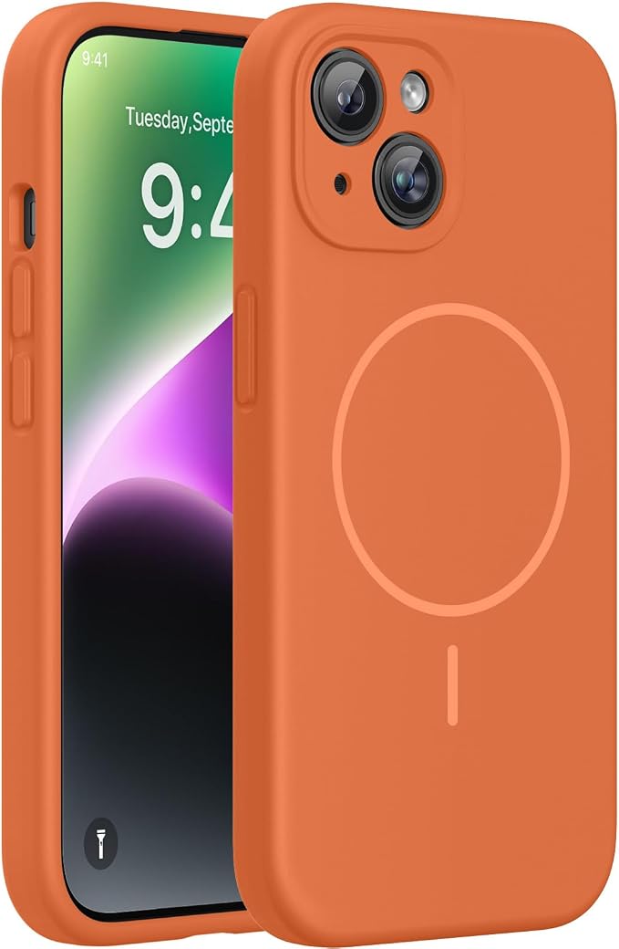 miracase Magnetic for iPhone 14 Plus Case, [Soft Anti-Scratch Microfiber Lining], Compatible with MagSafe, Silicone Shockproof Protection Phone Case for iPhone 14 Plus,Orange by Miracase