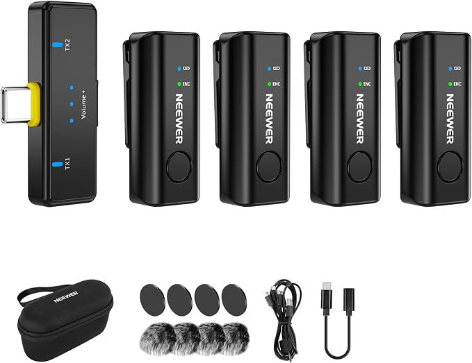NEEWER KM23C AI Wireless Lavalier Microphone Compatible with iPhone Android Tablet PC Laptop, Omnidirectional 48K/24Bit 20-20KHZ AI Noise Cancellation Mute 70m Range 32h Total Battery (1x RX + 4X TX) by Neewer