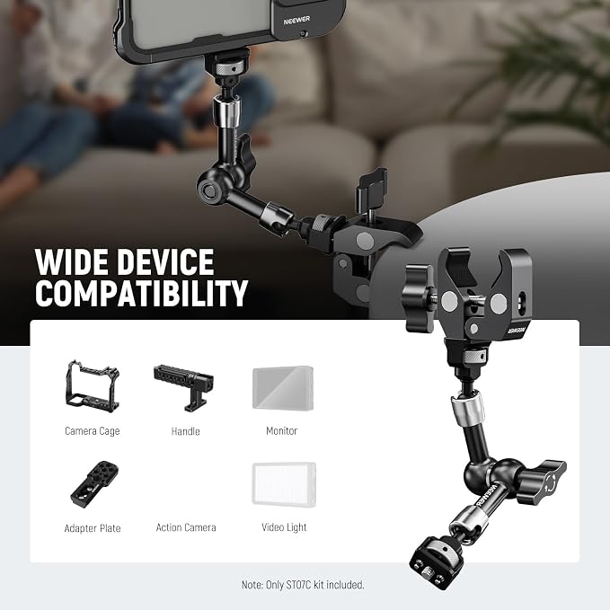 NEEWER 7" Articulating Magic Arm Clamp Mount with Super Clamp, Camera Monitor Mount with 1/4" 3/8" ARRI Locating Pins & Holes for DSLR Action Camera Video Light Compatible with SmallRig Cage, ST07C - Image 2