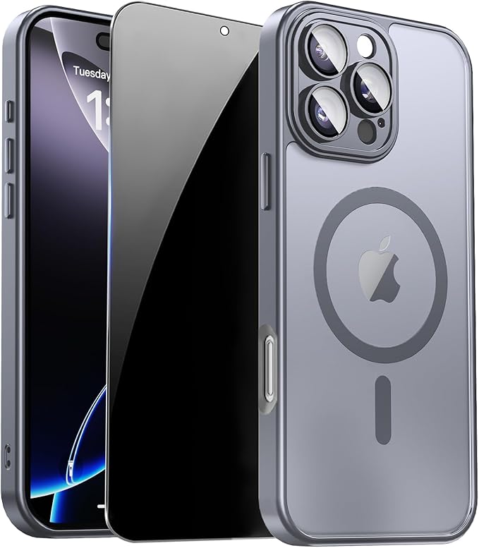 for iPhone 16 Pro Max Case with Privacy Screen Protector, Gray | Full Camera Protection, Matte Magnetic, Compatible with MagSafe, Translucent Shockproof Phone Case for iPhone 16 ProMax by ZOZDOKG