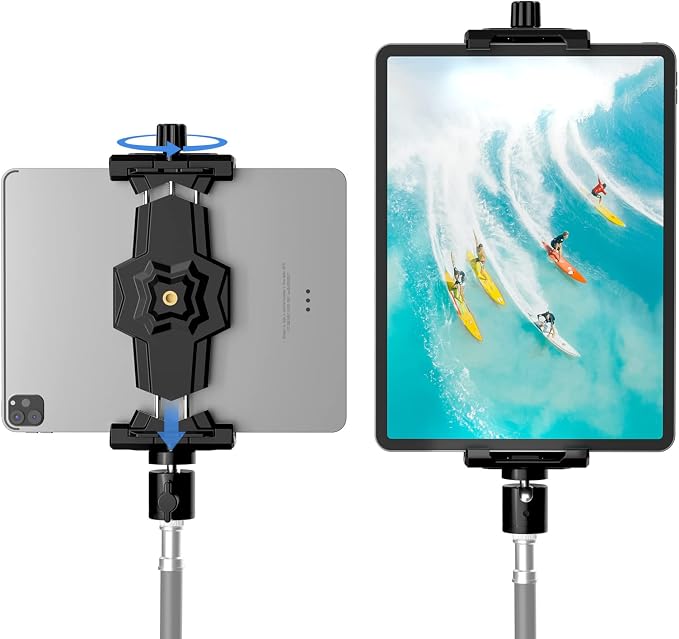 KDD iPad and Phone Tripod Mount Adapter with Ball Head, iPad Holder for Tripod, 360 Rotatable Tablet Clamp Mount fits iPad Pro 12.9, Air Mini 3 4, Galaxy Tab, Surface Pro, Selfie Stick(5.3-10.6") by KDD