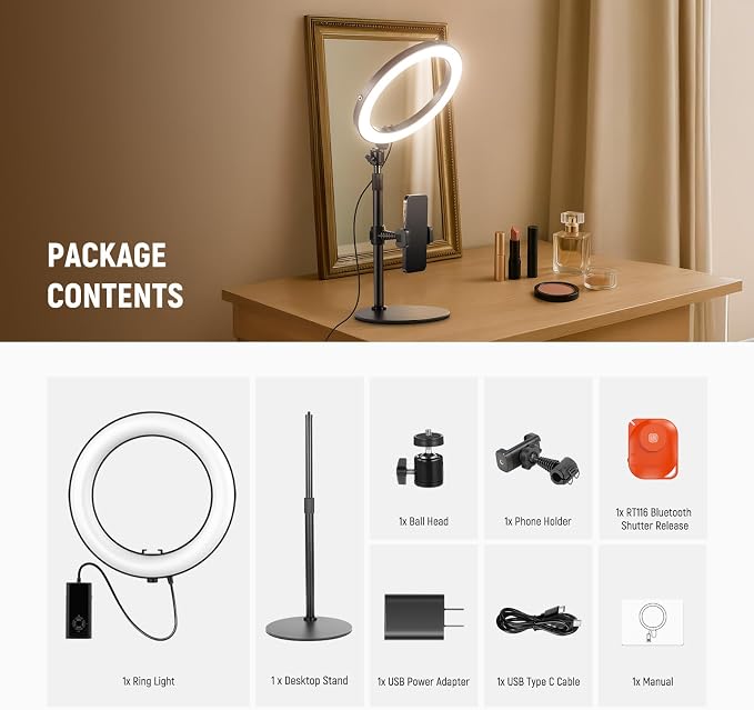 NEEWER 10" 20W LED Ring Light with Desk Stand Phone Holder for iPhone Laptop, Bi Color 2900K-7000K, USB C PD Input, CRI97+ 1660LX/0.5m, Selfie Makeup TikTok Recording Video Conference Lighting, RH10B - Image 9
