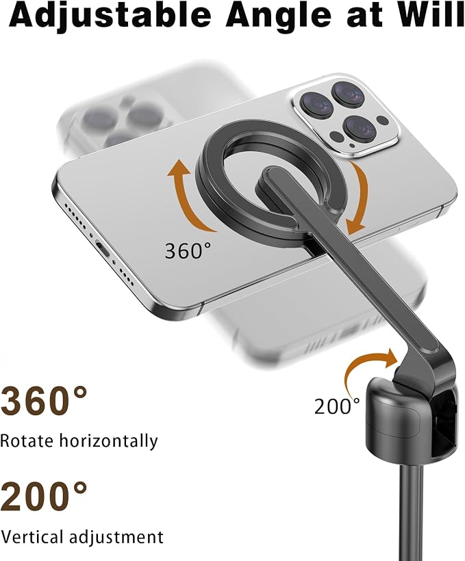 TONEOF 68" Magnetic Aluminum Phone Tripod Selfie Stick for iPhone & Android | Rechargeable Remote,360° Rotatable Foldable Cell Phone Stand Holder with Metal Ring,Travel Tripod for Magsafe (Black) - Image 5