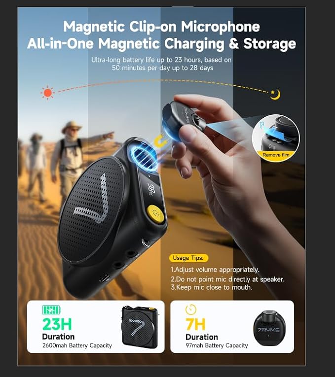 7RYMS WA2 Wireless Voice Amplifier Teacher with Magnetic Lavalier Mic | Noise Cancellation, Magnetic Charging Case, 23H Working, 164ft Range, for Teaching, Speech,Training Outdoor,Tour Guide, Yoga - Image 4
