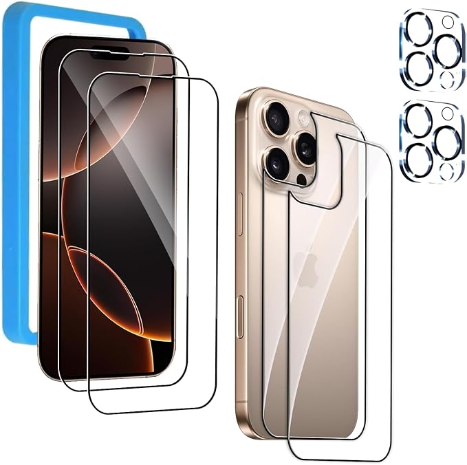 Front and Back Protector for iPhone 16 Pro Max + Camera Lens Protector | (2+2+2) 9H Hardness, Easy to Install with Alignment Tool,Case Friendly by BIGFLYANTS