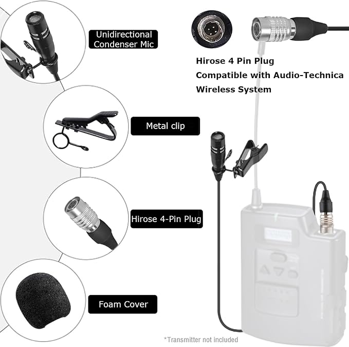 Lavalier Lapel Microphone Compatible with Audio-Technica Bodypack | Unidirectional Condenser Super Cardioid Clip-On Mic for Wireless Transmitter System with Hirose 4 Pin Plug - Image 7