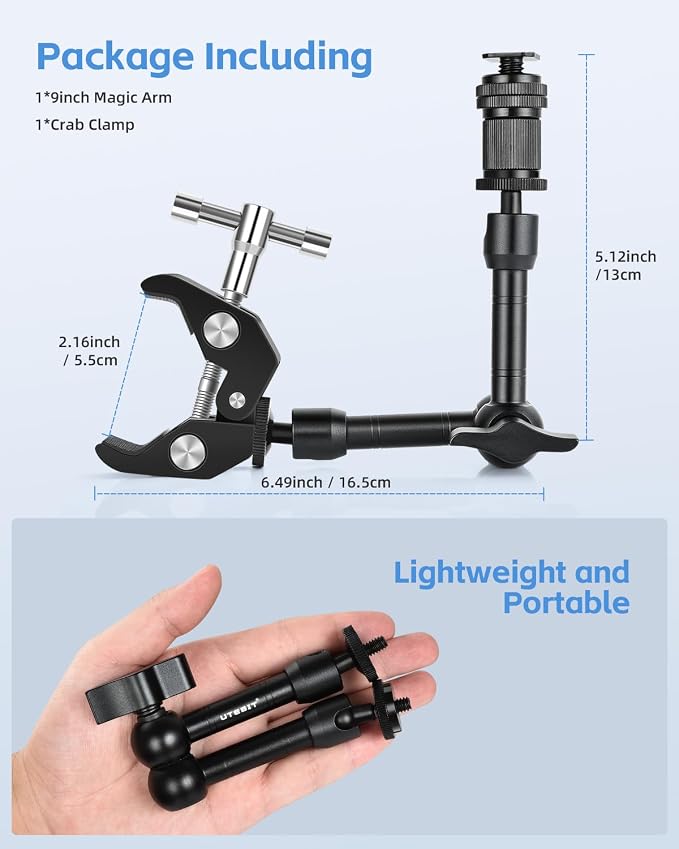 UTEBIT 9 inch Magic Arm with Super Clamp and 360° Ball Heads, Black | Articulating Magic Arm Camera Mount with 1/4" & 3/8" Threads Screws for Monitor,Flash, Microphone, Camera Cage, Action Camera - Image 7