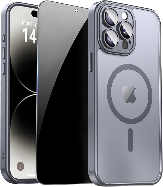 for iPhone 14 Pro Max Case with Privacy Screen Protector, Gray | Full Camera Protection, Translucent Matte Magnetic, Compatible with MagSafe, Shockproof Phone Cover, Slim Fit by ZOZDOKG