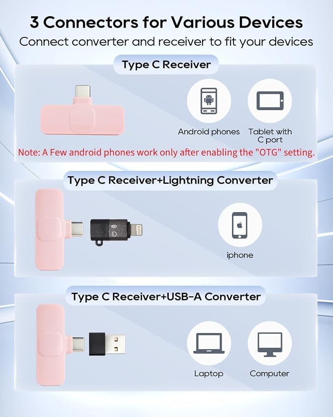 Mini Pink Microphone for iphone Android Phone Tablet ipad PC, Usb C Wireless Lavalier Mic for Video Recording Vlogging Youtube Tiktok Podcast Interview content creators, Tiny Microphones Type C Mics - Image 3