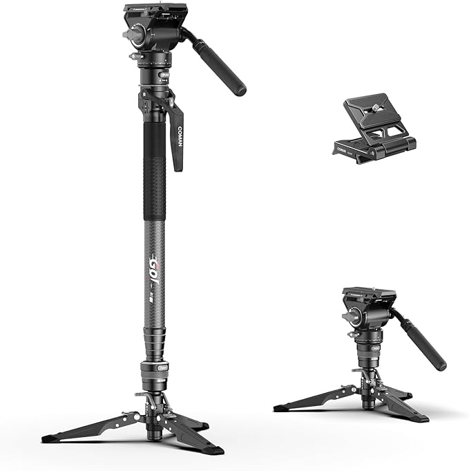 One-Click Lifting Carbon Fiber Monopod, 69‘’ Camera Monopod with Feet, Lightweight Travel Tripod with Quick Release Plate for Camera, DSLR, Camcorder, Max Load 22lbs/10kg (M1ProV5) by COMAN