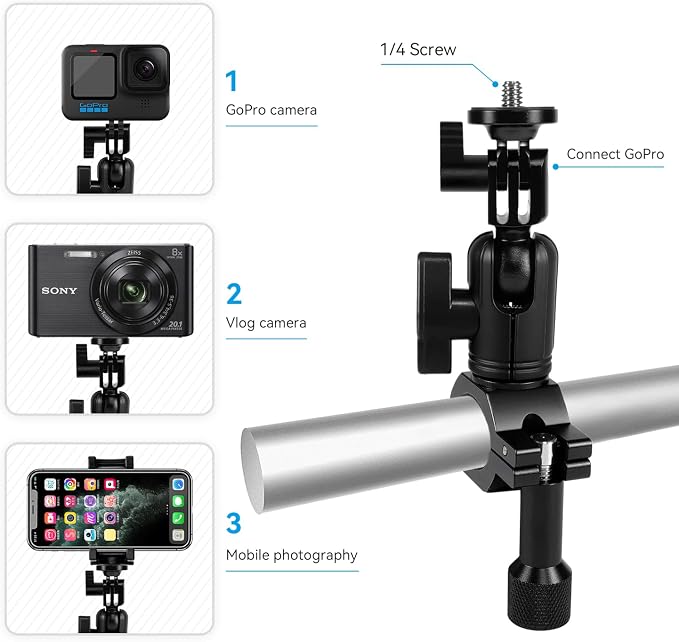 Super Clamp Camera Mount with 1/4" Screw Gopro Bike Mount Clamp | 1/4" Screw,Bike/Bicycle/Motorcycle Handlebars Mount,Compatible with DSLR Camera/Gopro/LED Lights/Ronin-M - Image 2