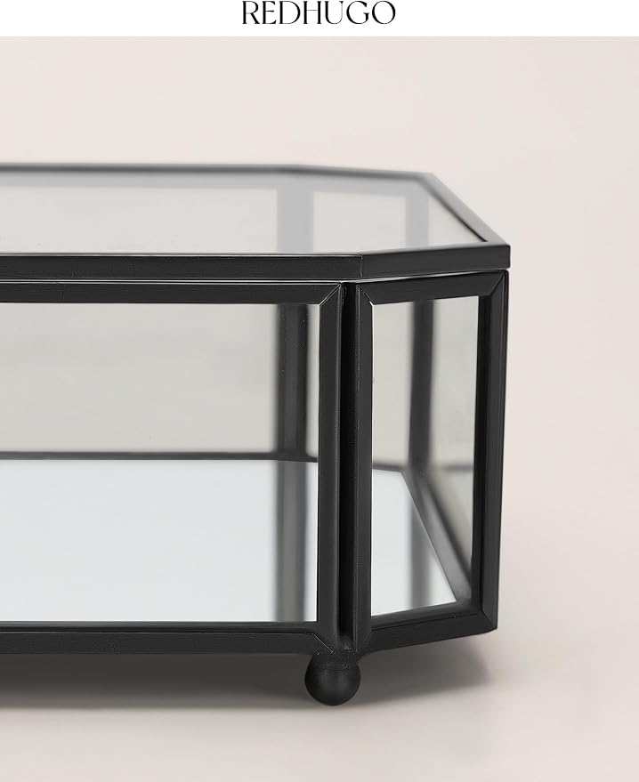 REDHUGO Large Glass Boxes for Display Handmade, Octagon, Black | Handmade Glass Jewelry Box with Mirrored Bottom and Lid, Ideal for Trinkets, Photos, Keepsakes and Vanity Decor - Image 8