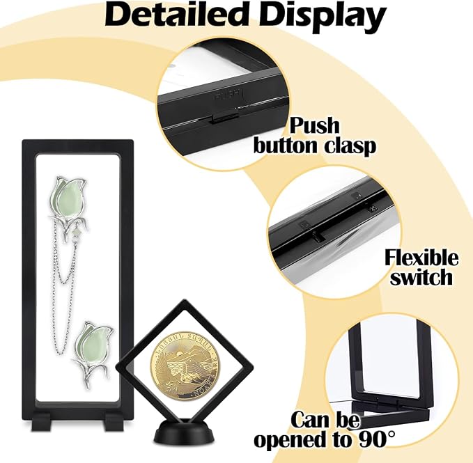 6 Pcs 3D Floating Display Case, Clear PE Film Jewelry Storage Box, Challenge Coins Display Holder Frame for Ring Necklace Shell Stamp Specimens Rocks, Black, 3.5 x 9X 0.8 in, 2.7 x 2.7 x 0.8 in - Image 2