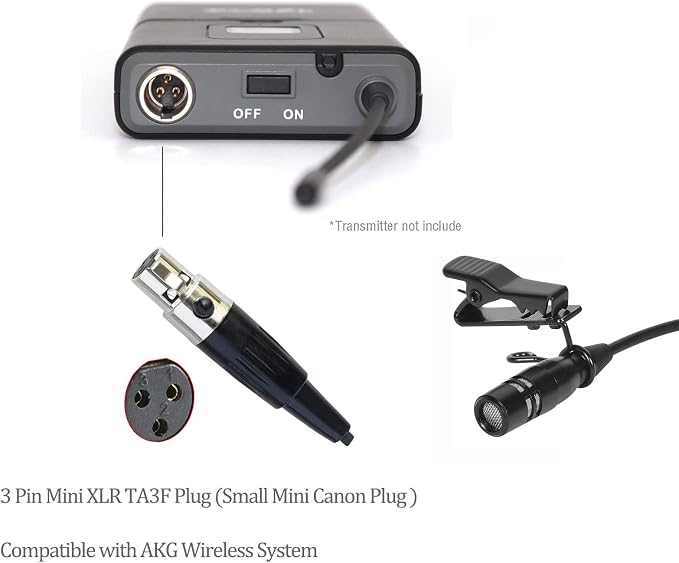 Lavalier Microphone Lapel Microphone Compatible with AKG Samson Wireless Transmitter - Unidirectional Condenser Mic - Mini XLR TA3F Plug - Image 2