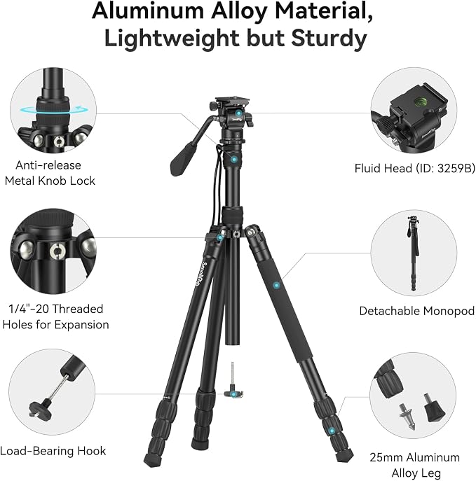 SmallRig CT180 Video Tripod, 72" Camera Tripod Monopod with Fluid Head, Aluminum Camera Tripod, 360° Panorama Fluid Head for Travel, Video, Live Streaming, Vlogging- 3760B - Image 7