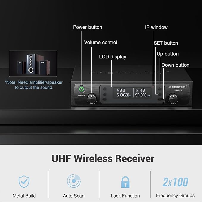 Phenyx Pro Wireless Microphone System, Dual Channel 100 UHF Metal Receiver, 328ft Range Auto Scan, Cordless Handheld & Bodypack & Lapel Mic Combo for Karaoke Church Speech PTU-71-1H1B | Quick IR Sync, Lapel Mic, 2 x 100 Frequencies, 328 ft Range, Karao... - Image 3