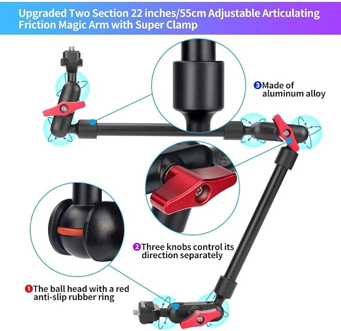22" Articulating Magic Arm Camera Mount, Desk Clamp Overhead Mount | Anti-deflection lock, anti-slip pads, 0.55lb load, 1/4 3/8 5/8 adapters, aluminum, POV, light, phone, webcam, mic, vlogging - Image 2