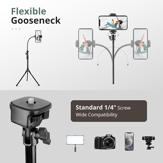 Sensyne 92" Cell Phone Tripod, Selfie Stick Tripod with 16.5" Flexible Gooseneck, Overhead Phone Stand for Video Recording, Photography, Compatible with Phone, Camera - Image 6