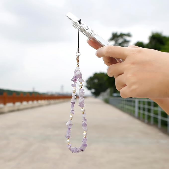 Natural Gemstone Phone Charms Wrist Strap Lanyard Beaded Phone Strap for Women Girls (Purple) - Image 2