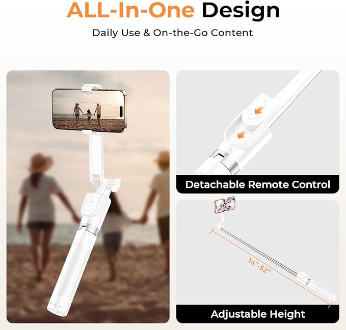 Sensyne 53" Selfie Stick for Phone, Extendable Travel Tripod with Detachable Remote for Photography, Selfies, Compatible with All Cell Phones, White - Image 3