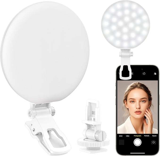 Anautin 60 LED Ring Light, Rechargeable Selfie With Front & Back Clip, 2500-6500K Portable Phone, Adjustable 3 Modes for iPhone, iPad, Tablet, Laptop, CRI97+, 90 Grams (White) by Anautin