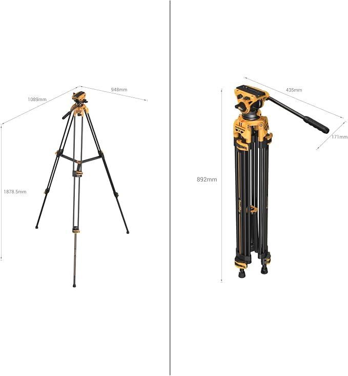 SmallRig AD-01 73" Heavy Duty Video Tripod Max. Payload 8kg | Bumblebee Edition, +90° to -60° Tilt Range - Image 3
