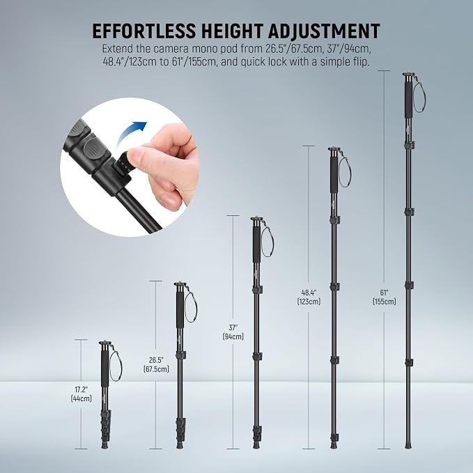 NEEWER 61"/155cm Camera Monopod Stand, Aluminum Alloy, Portable, TP41 | Travel Video Monopod Pole, 1/4" 3/8" Screw Adapter, Professional DSLR Camcorder Photography Accessories, Max Load 17.6lb - Image 3