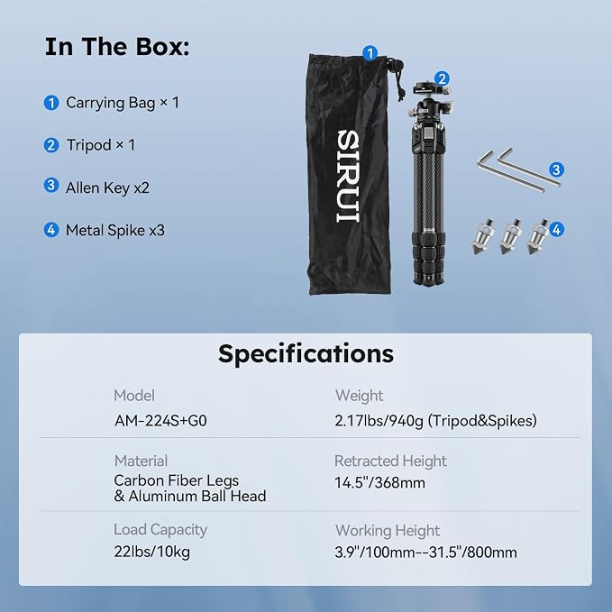 SIRUI AM-224S+G0 Carbon Fiber Mini Tripod, G0 Low Profile Ball Head | 31.5" Height, Lightweight, Metal Spikes, Tabletop, Macro Photography, Travel, Vlogging, DSLR, Mirrorless Camera - Image 9