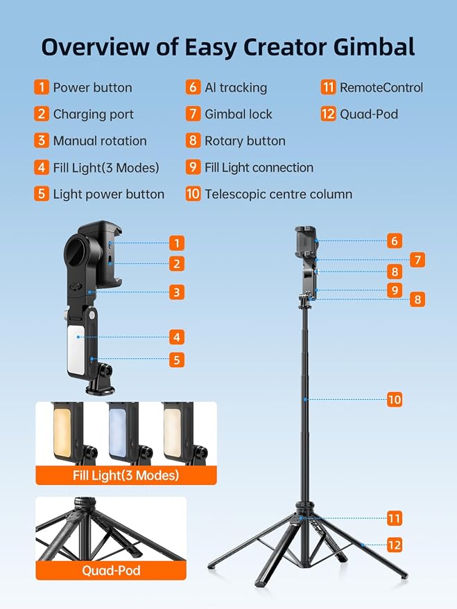 Rollei Auto Face Tracking Tripod, Smartphone Gimbal Stabilizer 61'' Selfie Stick Tripod Holder 360° Rotation for iPhone/Android Stand for Filming Streaming Tiktok Video Vlog - Image 7