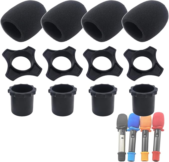 4-Set Black Handheld Mic Protection Kit Silicone Ring Windscreen | anti-roll drop guard, ktv karaoke stage , wireless dynamic mic fit, foam windpop filter cover, bottom rod sleeve included by Cheerock