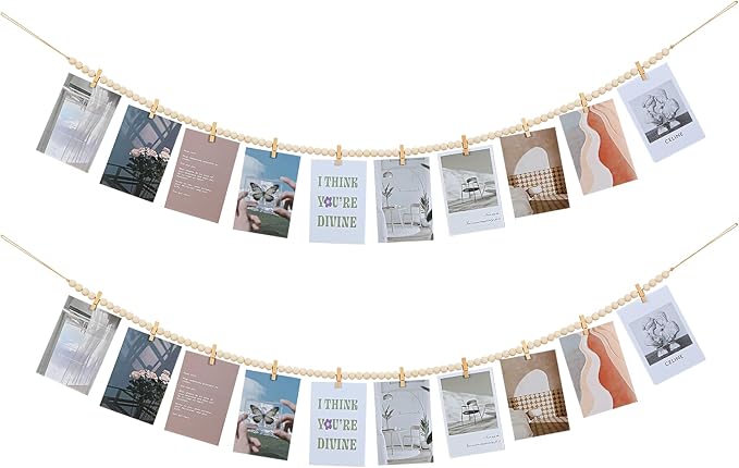 KLOGTSIND Hanging Photo Display with Clips, 2PCS Wood Bead Garland Banner | Photo String Banner with 10 Clips for Bedroom Room Dorm Cubicle, Picture Cards Artwork Display, Christmas Teen Girls Gifts by KLOGTSINDDirect