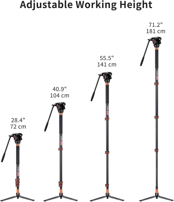 Cayer FP34 Video Monopod, 71" Alu 4-Section Fluid Head with Feet for DSLR | 4-Section Alu Tube, Fluid Head, Folding 3-Leg Base, 13.2 Lb Load, Dual-Mode Compatible Mount - Image 4
