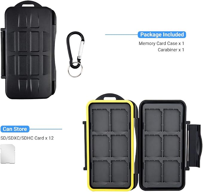 12 Slots SD Memory Card Case Storage, Water-Resistant Anti-Shock SD SDHC SDXC Card Holder Carrying Case with Carabiner - Image 7