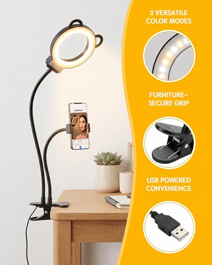 Desk Lamp, Ring Light for Laptop Desk Clip On, LED Reading Light with Clamp, Silicone Flexible Arm Book Light, Video Conference Lighting with Stand for Phone/Zoom Meeting/Video Call/Recording - Image 4