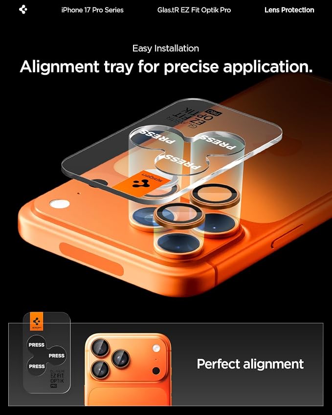 Spigen Camera Lens Protector for iPhone 17 Pro Max / 17 Pro - Orange | GlasTR EZ Fit Optik Pro, 9H+ Tempered glass, Scratch resistant, Auto-align tray, Original photo quality, Case-friendly, 2Pack - Image 4