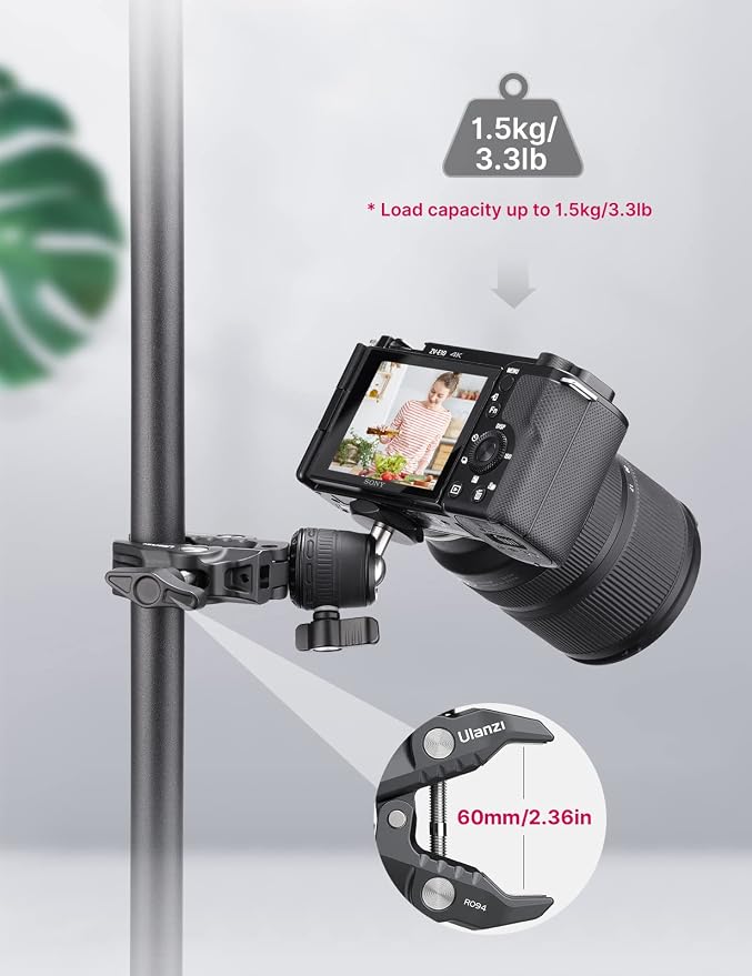 ULANZI R099 Super Clamp Camera Mount - Heavy Duty 3.3lb Load Metal Clamp with 360° Ball Head for Action Cameras (GoPro/Insta360/DJI), DSLR, Bike/Motorcycle Handlebar, Pole/Tube Mount Accessories - Image 3