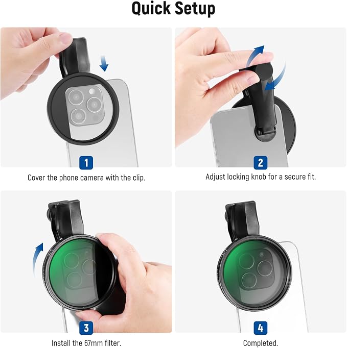 NEEWER 67mm Variable ND Filter Compatible with iPhone, Clip On ND2-32 Neutral Density Phone Lens Photography Accessories Kit Compatible with iPhone 17 16 15 Pro Max Plus 16e 14 13 mini, FL-B25 - Image 8