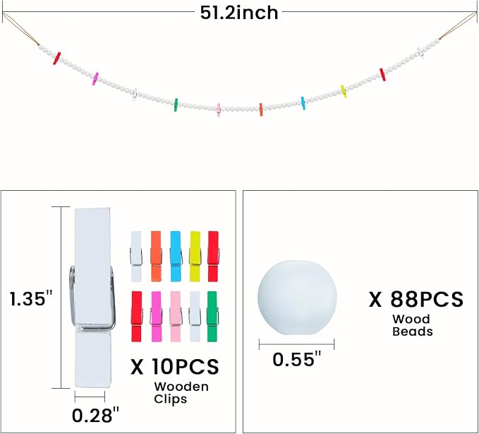 KLOGTSIND Hanging Photo Display with Clips, 3PCS Wood Bead Garland Banner | Photo String Banner with 10 Clips for Bedroom Room Dorm Cubicle, Picture Cards Artwork Display, Christmas Teen Girls Gifts - Image 3
