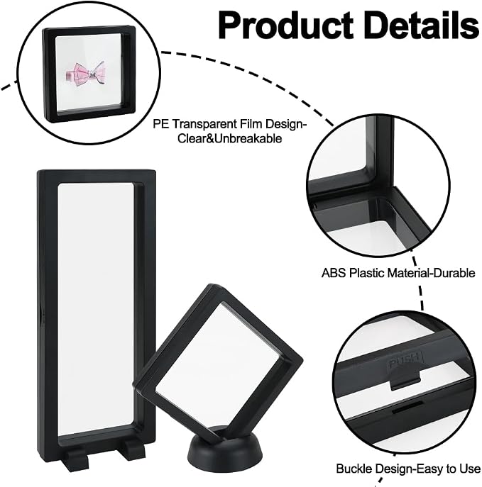 3D Floating Display Case, Transparent Film Jewely Storage Box, Black Challenge Coin Display Holder Stand for Antique Challenge Coins Medals Jewelry Shells Gems Minerals Rocks Specimen Pins (24Pcs) - Image 3