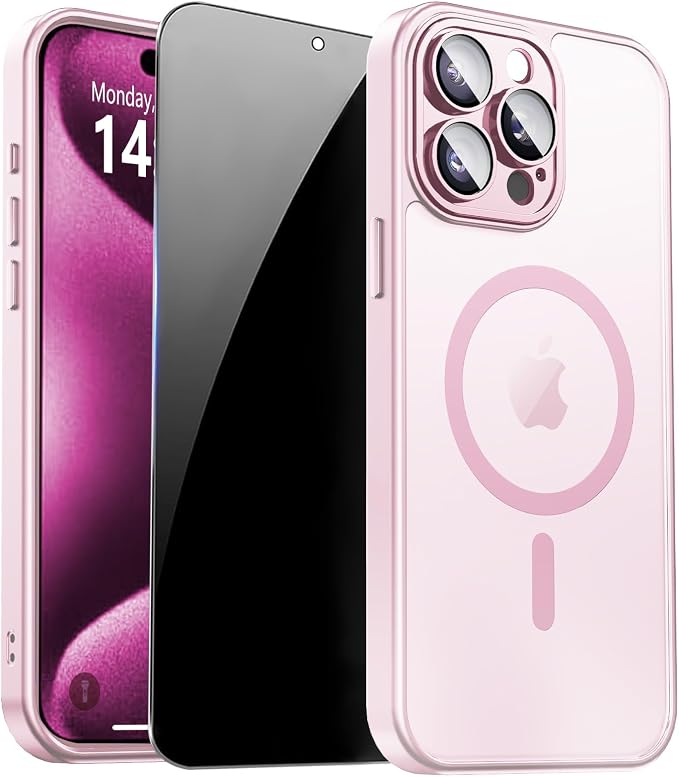 for iPhone 15 Pro Max Case with Privacy Screen Protector, Pink | Full Camera Protection, Translucent Matte Magnetic, Compatible with MagSafe, Shockproof Phone Cover, Slim Fit Women/Girls by ZOZDOKG