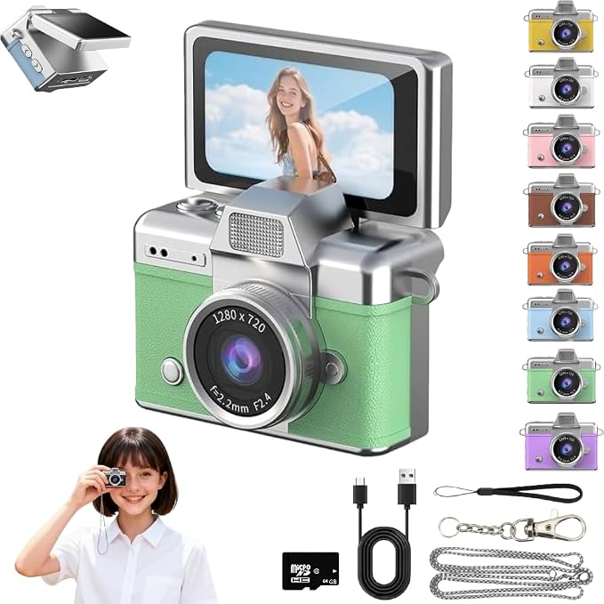 Mini Keychain Digital Camera Retro Mini Digital Video Camera Small bodycam 1080P FHD Recording with 0.96" IPS Screen with 6 Retro Filters AVI Format-Ideal for Phone Transfer (Green, 64G) by MOEKING
